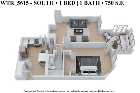 Floor plan for 1 bed, 1 bath, 750 sqft